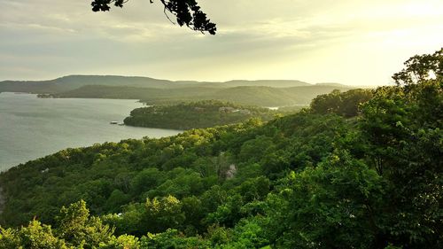 Scenic view of landscape and sea against sky