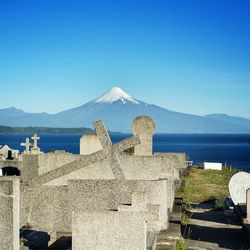 Scenic view of mountains against clear blue sky