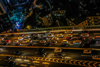 High angle view of traffic on road at night