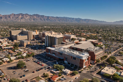 Modern hospital building in tucson, arizona, aerial panorama.