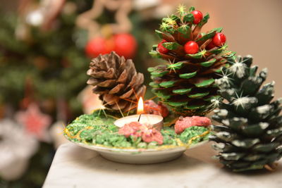 Close-up of fruits in plate on table