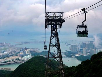 Overhead cable cars against sky in city