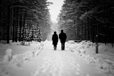 Rear view of friends walking on snowy field amidst trees during winter