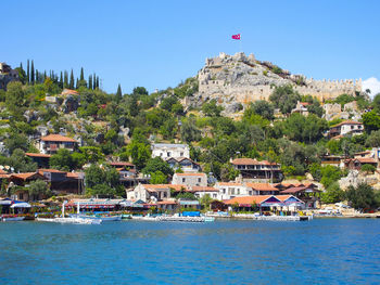 Houses by sea against sky