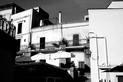 Low angle view of buildings in town against sky