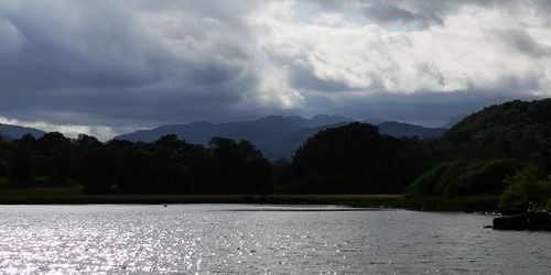 Scenic view of lake by trees against sky