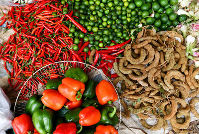 High angle view of bell peppers in market