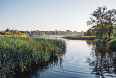 Scenic view of lake against clear sky