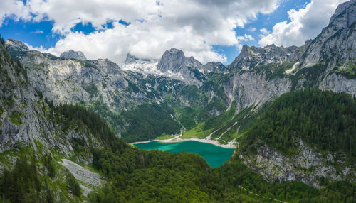 Scenic view of mountains and lake against sky