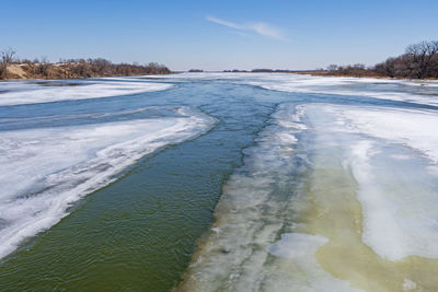 Ice and water on the platte river in late winter near kearney, nebraska