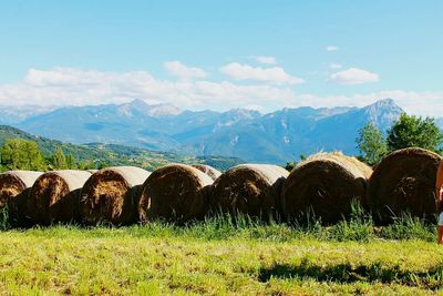 Hay bales on field against sky