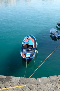 High angle view of boat moored in sea