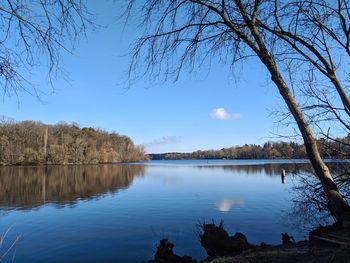 Scenic view of lake against blue sky