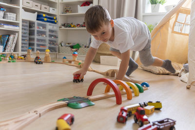 High angle view of man working on table