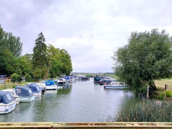 Boats moored in river against sky