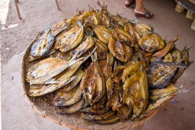 High angle view of fish in container at market