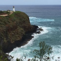 Lighthouse by sea against sky