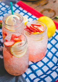 Close-up high angle view of drinks on table