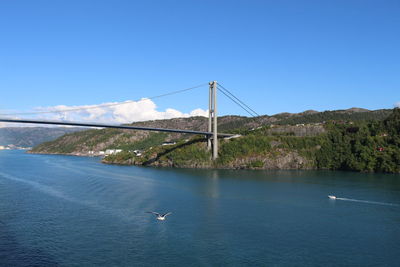 View of suspension bridge over sea against blue sky