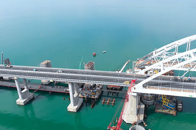 High angle view of ship moored at harbor