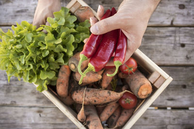 High angle view of person preparing food on table