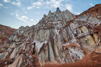 Low angle view of rocky mountain against sky