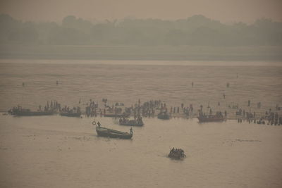 High angle view of nautical vessel on sea against sky