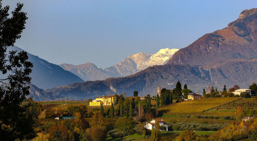 Panoramic view of landscape and mountains against clear sky