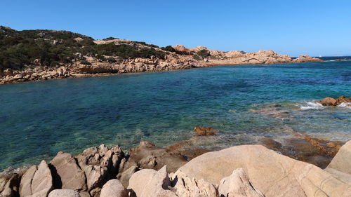 Scenic view of sea against clear blue sky