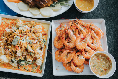 High angle view of seafood served on table