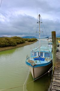 Sailboat moored on lake against sky