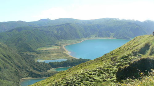 Scenic view of landscape and mountains against sky