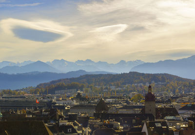 High angle view of townscape against sky