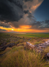 Scenic view of land during sunset