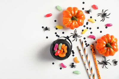 High angle view of fruits on white table