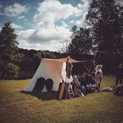 Dog sitting in tent on field against sky