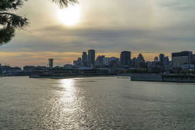 River by cityscape against sky during sunset