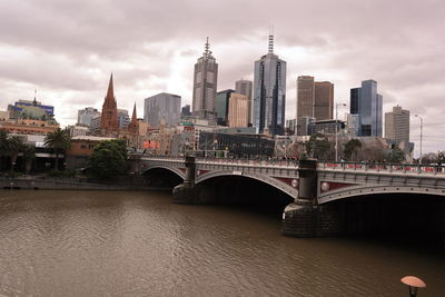 Bridge over river against buildings in city