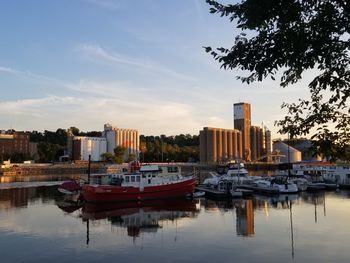 Boats moored in harbor against buildings in city