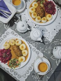 High angle view of breakfast served on table