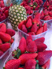 High angle view of strawberries in market