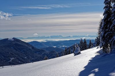 Scenic view of snowcapped mountains against sky