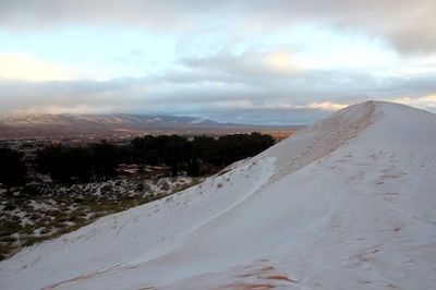 Snow covered landscape against sky