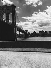 View of suspension bridge against cloudy sky