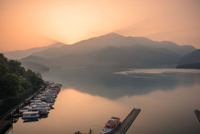 Beautiful view from balcony of hotel to see the shuishe pier in sun moon lake