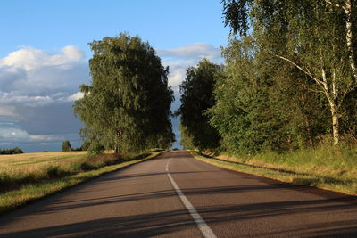 Empty road along trees and plants against sky