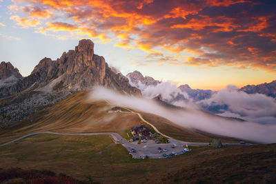 Scenic view of mountains against sky during sunset