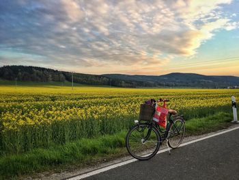 Bicycle on agricultural field against sky during sunset