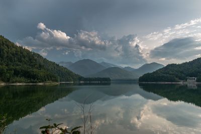 Scenic view of lake and mountains against sky