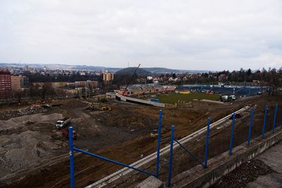 High angle view of buildings in city against sky